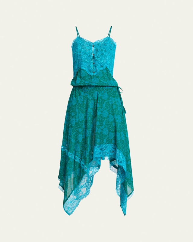 Dallie Floral Print Lace-Trim Handkerchief Midi Dress
